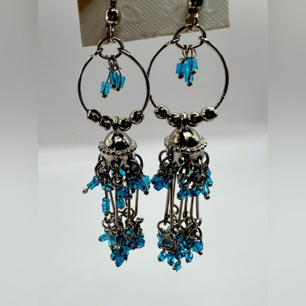 Boho Styled Dangle Earrings, long turquoise,‎ silver tone chandeliers, fishhook